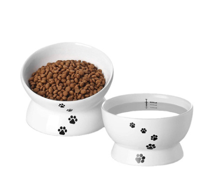 肉球デザイン 猫用陶器フードボウル｜15°傾斜・高脚タイプ