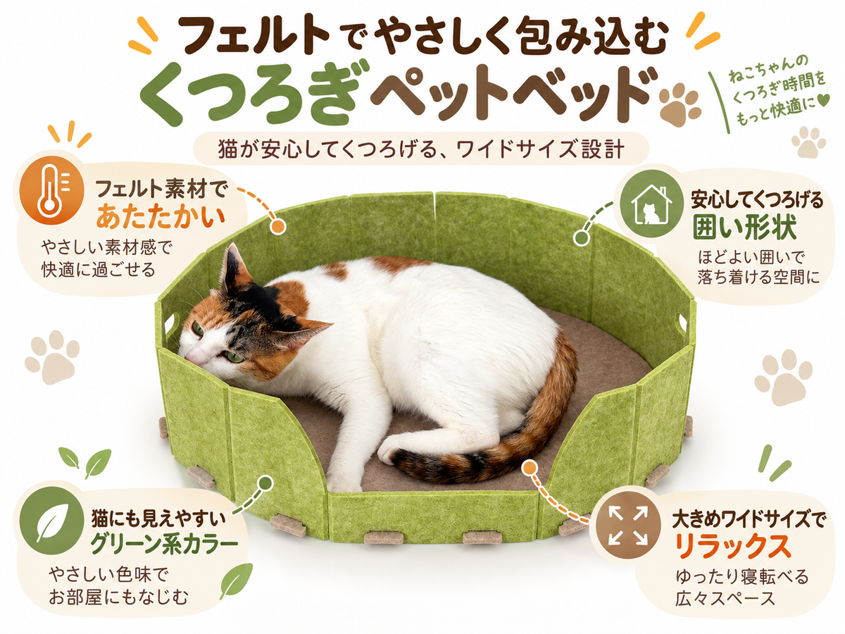 猫用フェルトベッド｜コーナー型・省スペース・囲い付き・ゆったりワイド52cm・グリーン