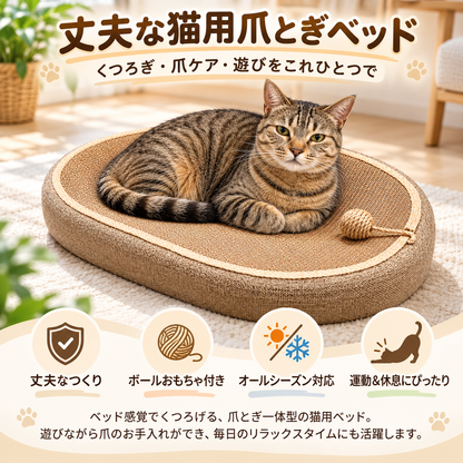猫用 爪とぎベッド ボールおもちゃ付き｜爪とぎ・くつろぎ・遊びができる楕円型猫ベッド