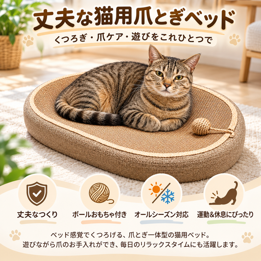 猫用 爪とぎベッド ボールおもちゃ付き｜爪とぎ・くつろぎ・遊びができる楕円型猫ベッド