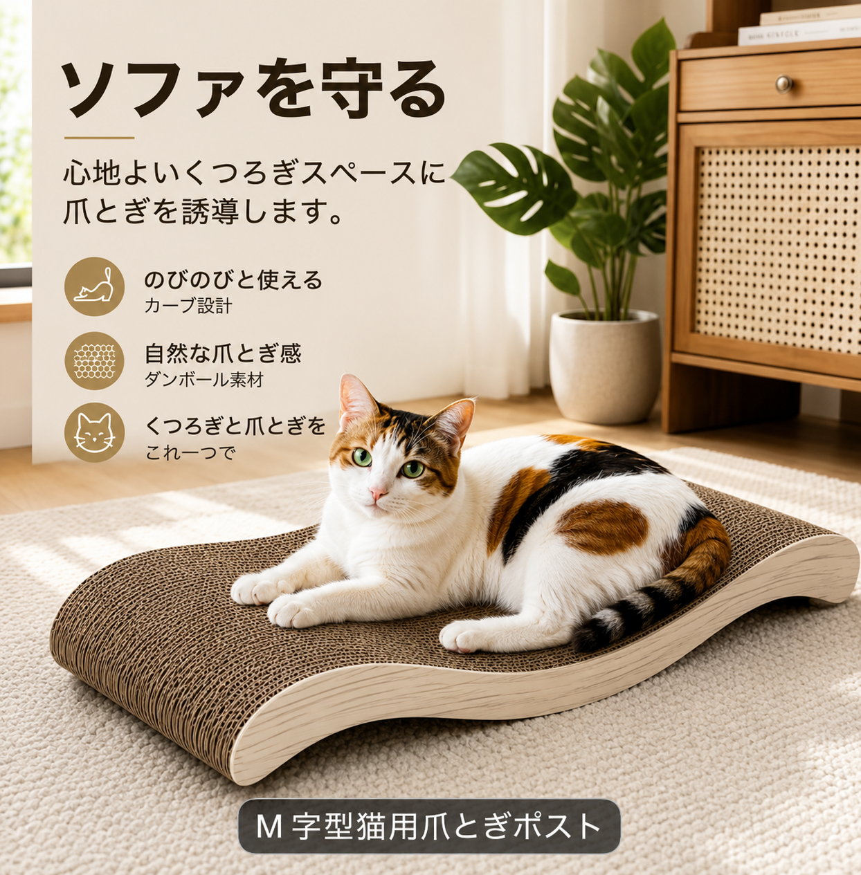 猫用 爪とぎベッド｜ウェーブ型 ダンボール製 くつろぎベッド兼用