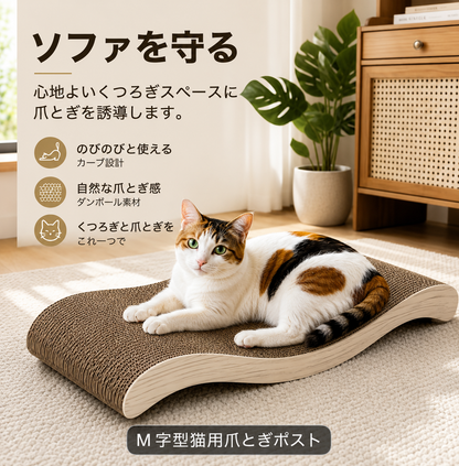 猫用 爪とぎベッド｜ウェーブ型 ダンボール製 くつろぎベッド兼用