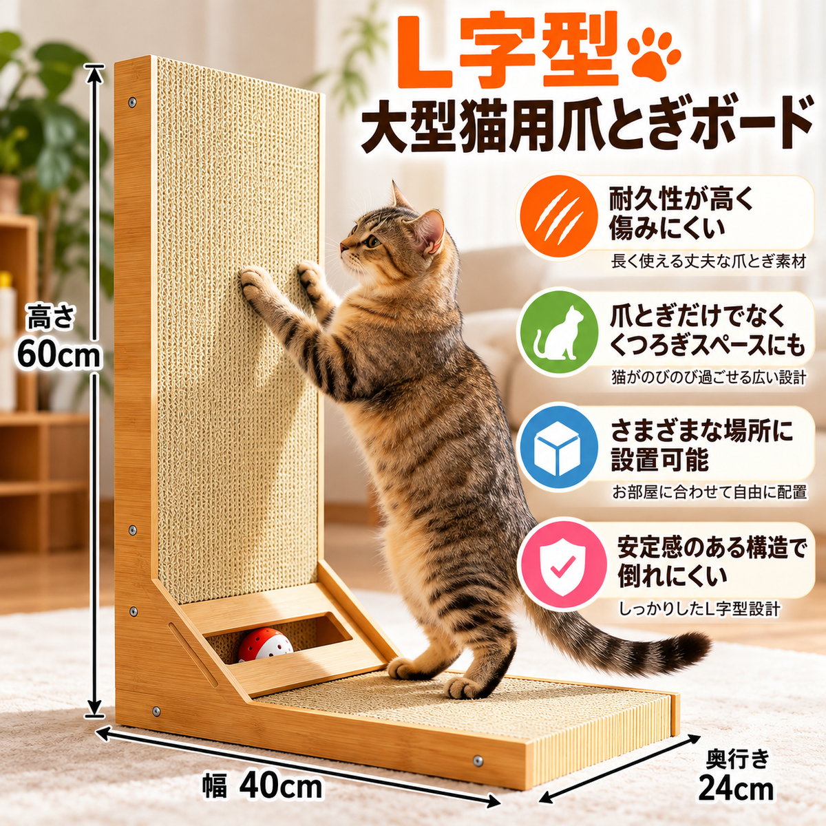 猫 爪とぎ L字型 大型猫用 高さ60cm 5層強化ダンボール 縦横爪とぎボード 安定設計 幅40×奥行24×高さ60cm