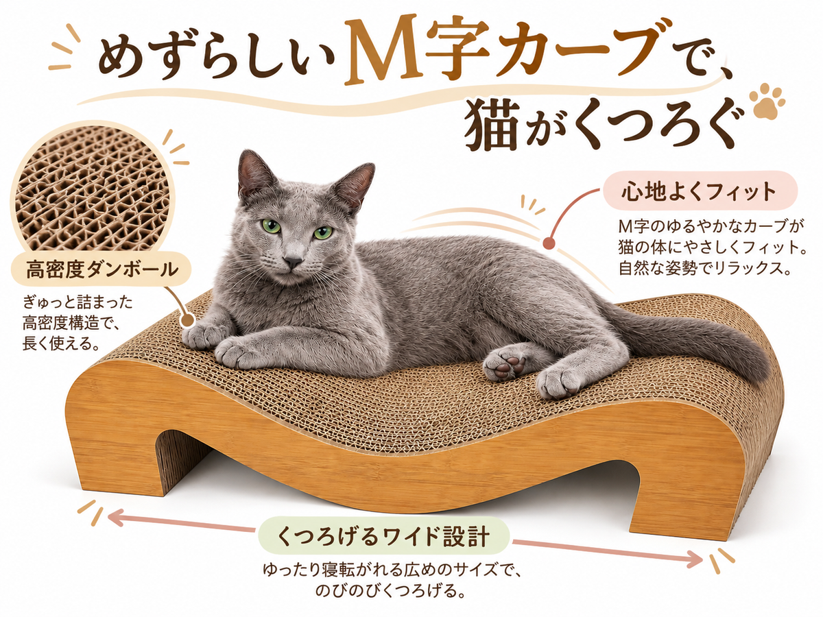 猫 爪とぎベッド M字型 60cm ワイドサイズ 高密度ダンボール 猫用爪とぎ ソファ型 スクラッチャー くつろぎベッド